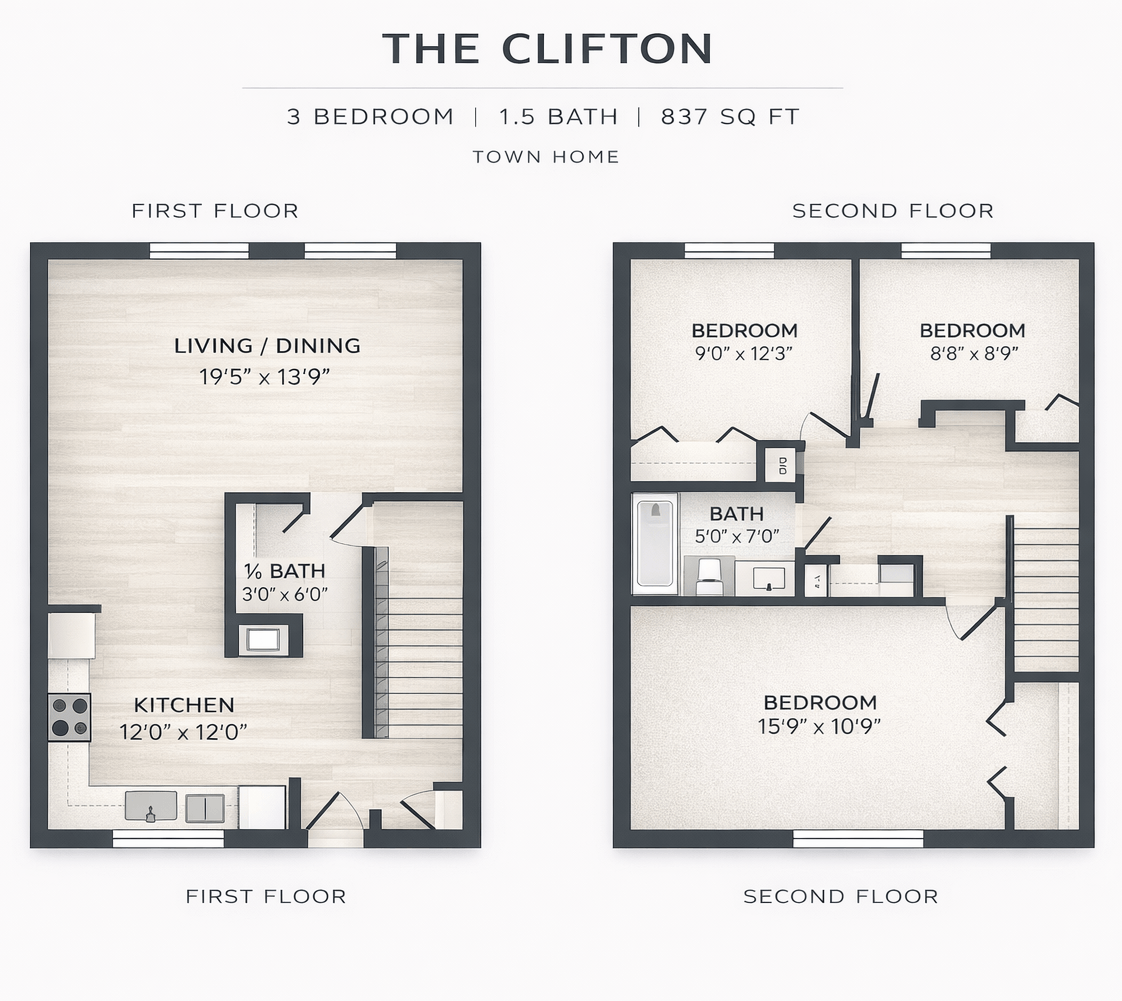 3 Bed 1.5 Bath TH - The Clifton floor plan